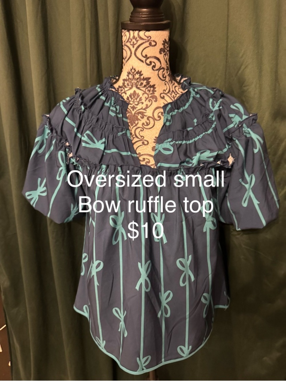 Bow Ruffle Women's Top in Navy and Teal